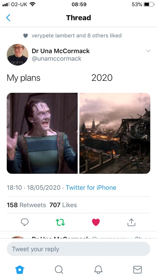 The meme is a screenshot of a Twitter post from 2020 with the caption "My plans". The image is a photo of the character Data from the TV show Star Trek: The Next Generation, with a confused expression. Data is known for being an android with a unique perspective on humanity, so the caption is likely meant to be humorous and ironic.
